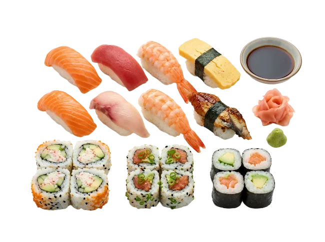 Assorted Sushi Set with Soy Sauce and Ginger