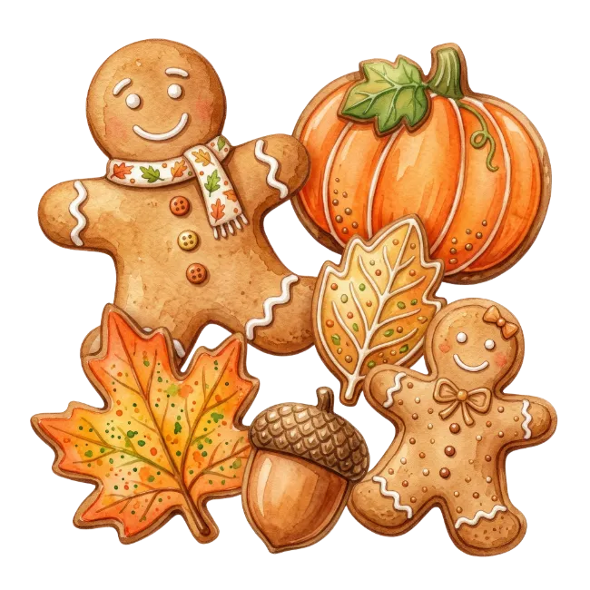 Autumn Gingerbread Cookies and Pumpkin Illustration