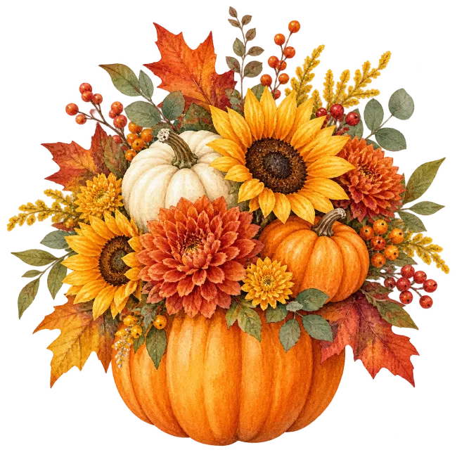 Autumn harvest pumpkin and sunflower arrangement