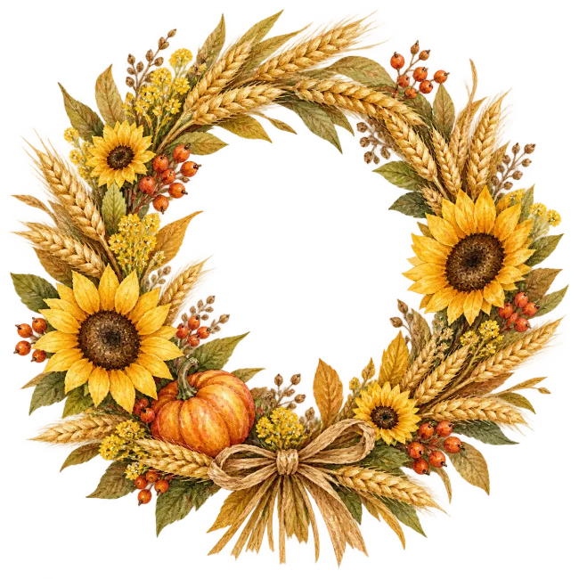 Autumn harvest sunflower wreath illustration