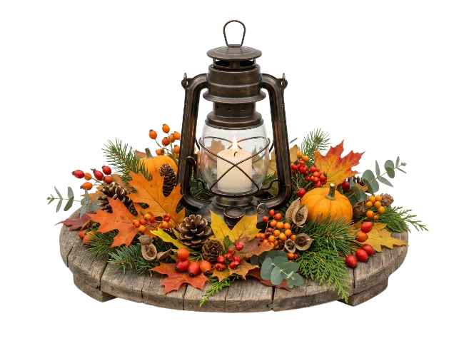 Autumn Lantern Centerpiece with Candle and Leaves
