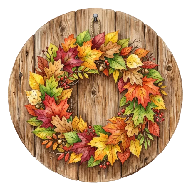 Autumn Leaf Wreath on Wooden Plaque