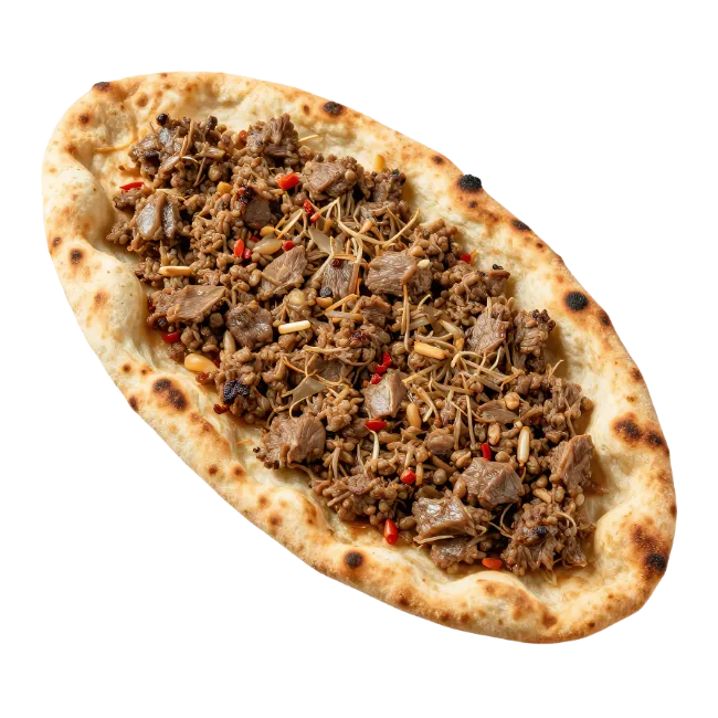Baked flatbread topped with minced meat and mushrooms