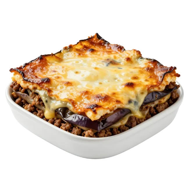 Baked Moussaka in White Ceramic Dish