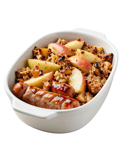 Baked Sausages with Apples in White Casserole