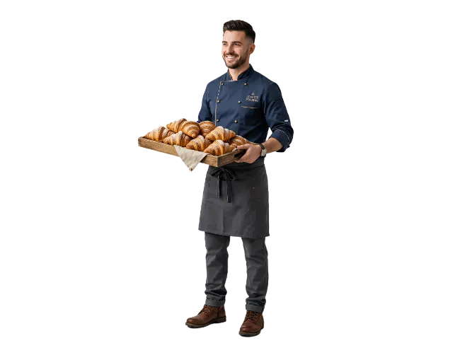 Baker holding tray of fresh croissants