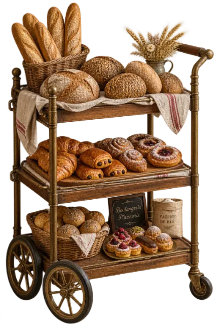 Bakery Cart with Assorted Bread and Pastries