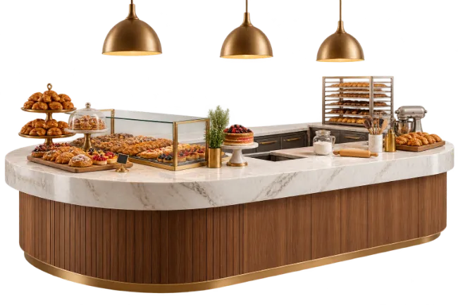 Bakery Counter with Pastries and Hanging Lamps