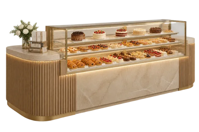 Bakery Display Case With Assorted Cakes And Pastries