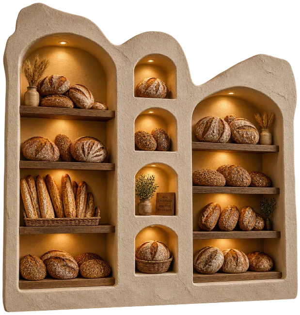 Bakery display shelf with assorted artisanal bread