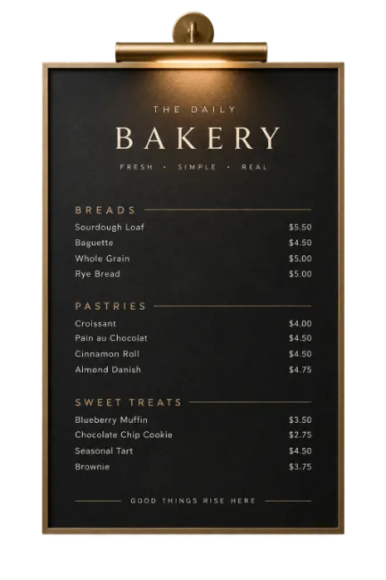 Bakery Menu Board with Prices