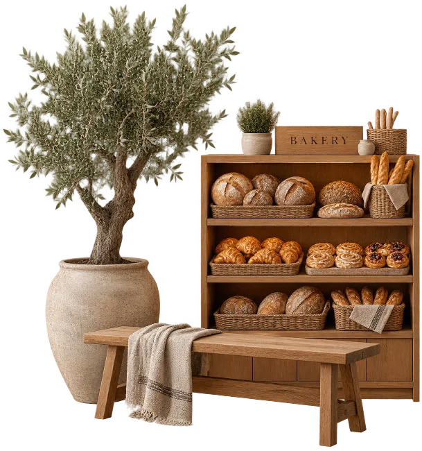 Bakery Shelf Display With Olive Tree