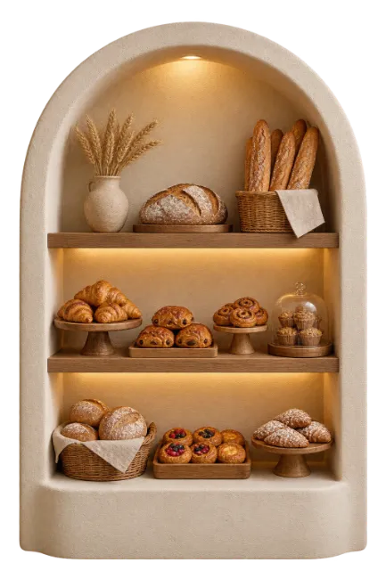 Bakery Shelves Filled with Assorted Breads and Pastries