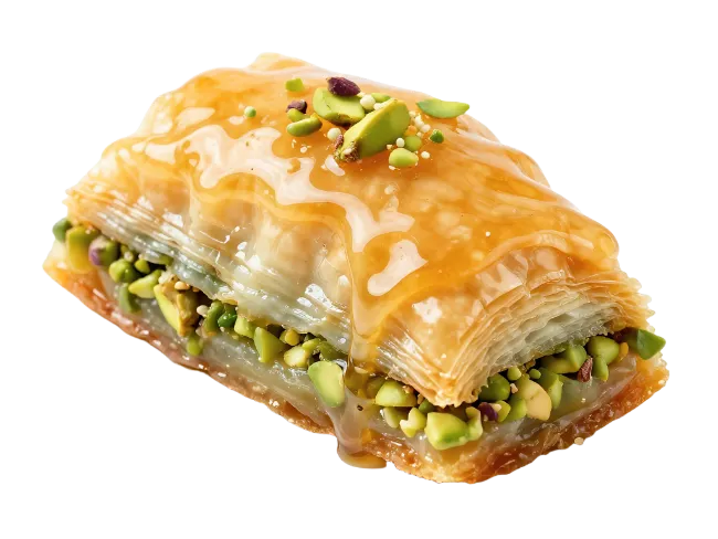 Baklava pastry slice with pistachios and syrup