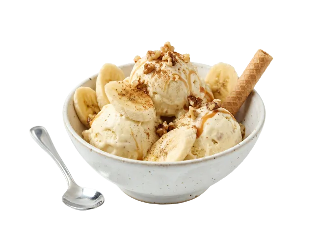Banana Ice Cream Bowl with Walnuts and Caramel
