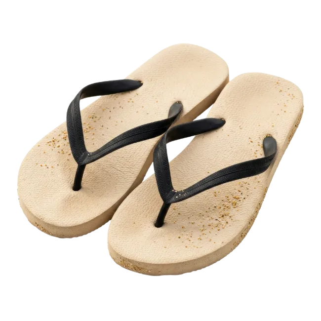Beige and black flip flop sandals