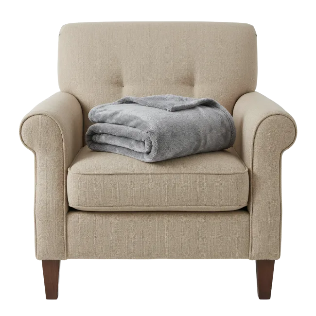 Beige Armchair with Folded Grey Blanket