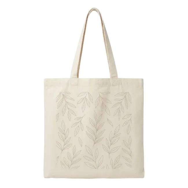 Beige Canvas Tote Bag with Leaf Pattern
