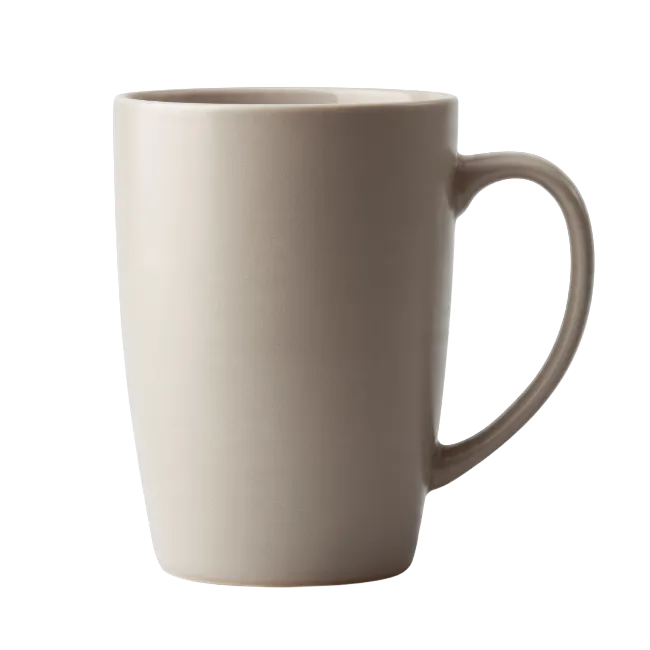 Beige ceramic coffee mug on black background