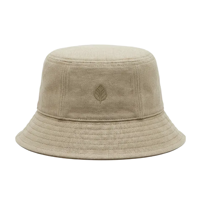 Beige Cotton Bucket Hat with Leaf Embroidery