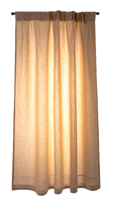 Beige fabric window curtain hanging on a rod