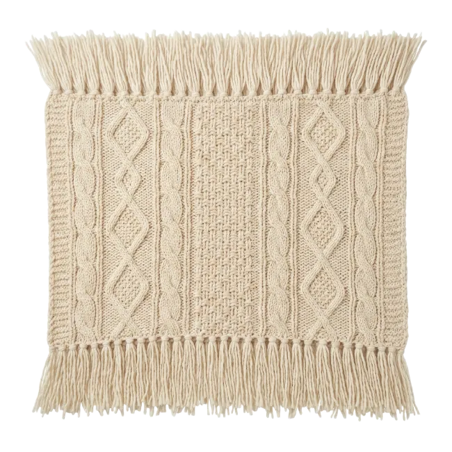 Beige Knitted Throw Blanket with Fringe