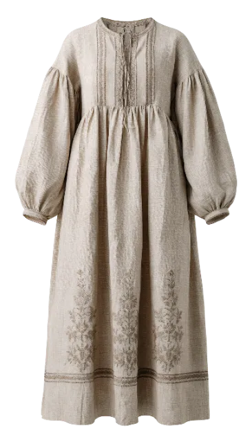 Beige Linen Long Sleeve Dress