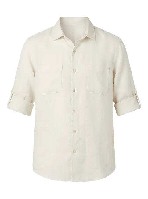Beige Linen Shirt with Roll-Up Sleeves