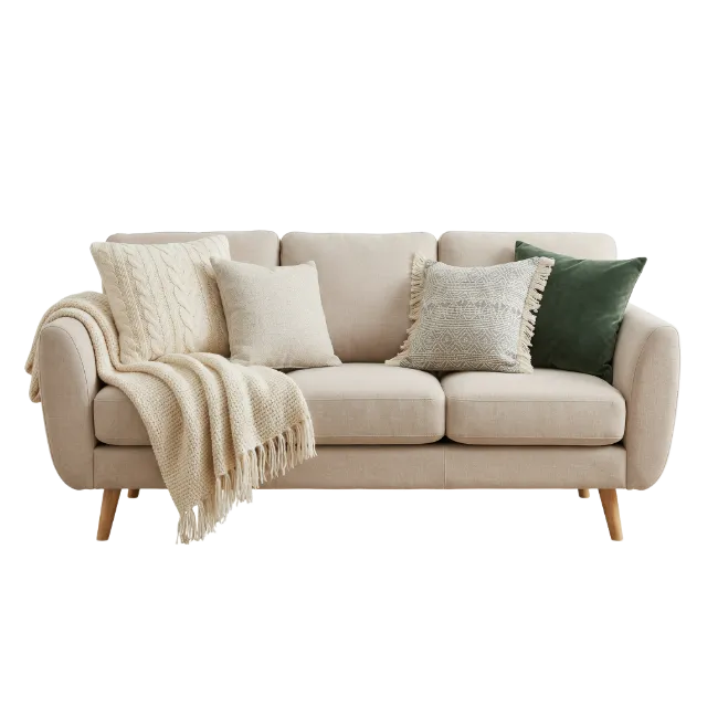 Beige Modern Sofa with Pillows and Throw Blanket
