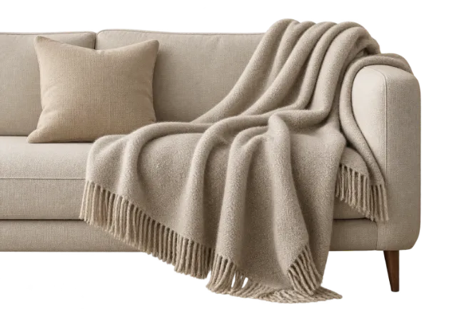 Beige Sofa with Throw Blanket and Pillow