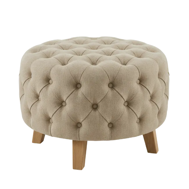 Beige Tufted Ottoman Footstool with Wooden Legs
