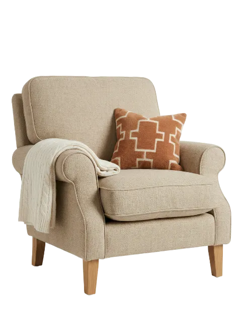 Beige Upholstered Armchair with Throw Pillow