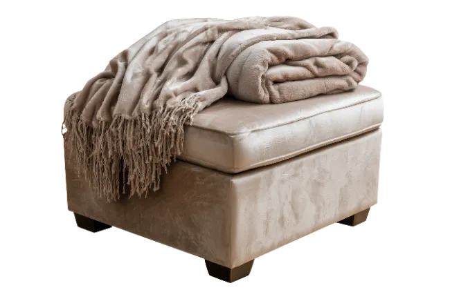 Beige Upholstered Ottoman with Soft Throw Blanket