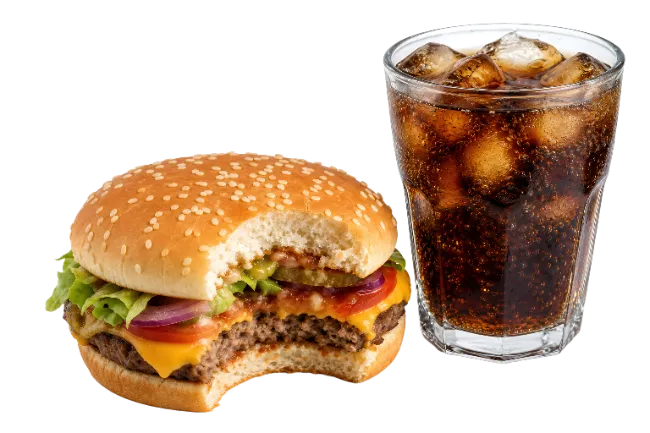 Bite Taken Cheeseburger with Iced Cola Drink
