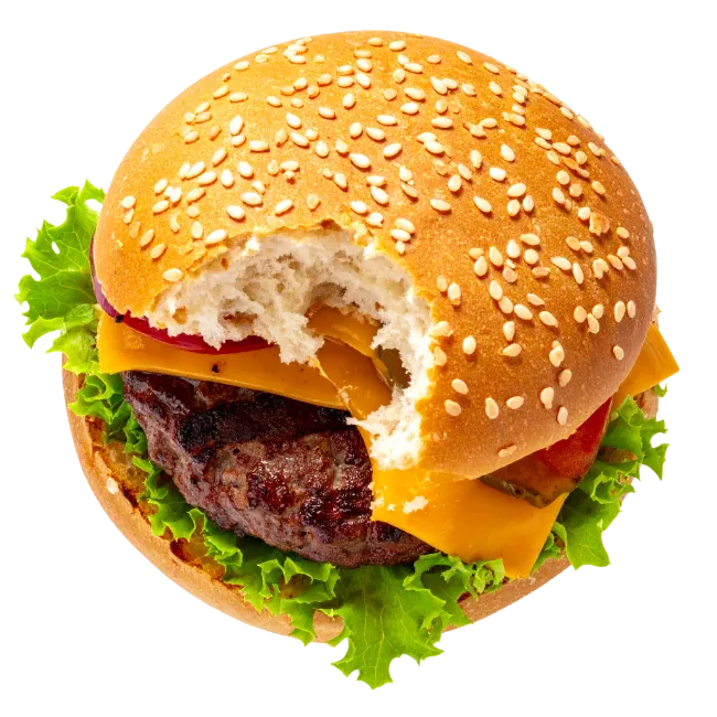 Bitten Cheeseburger with Sesame Seed Bun