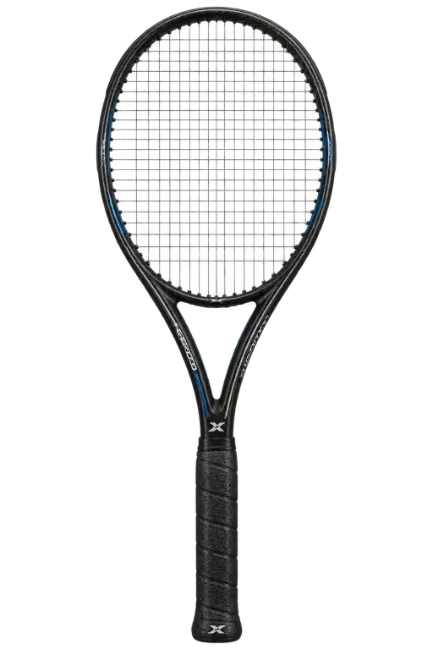 Black and blue tennis racket isolated