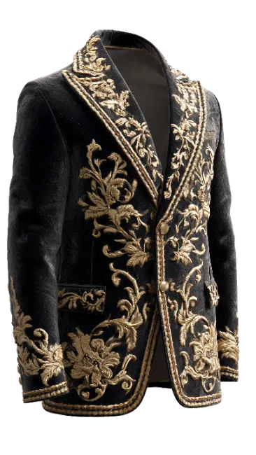Black and gold embroidered velvet blazer