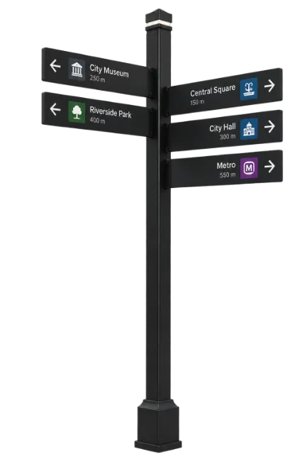 Black directional street signpost with multiple location arrows