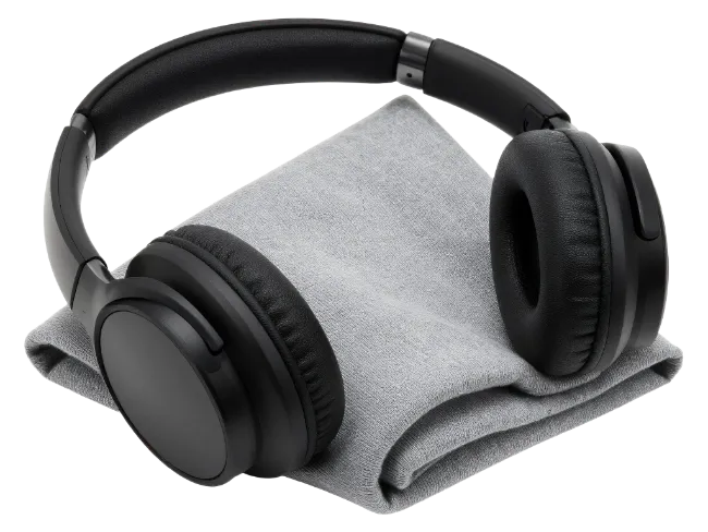 Black Headphones on Folded Grey Cloth