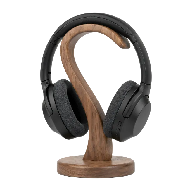 Black Headphones on Wooden Stand