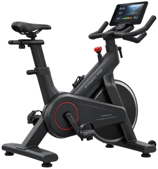 Black indoor exercise bike with digital screen