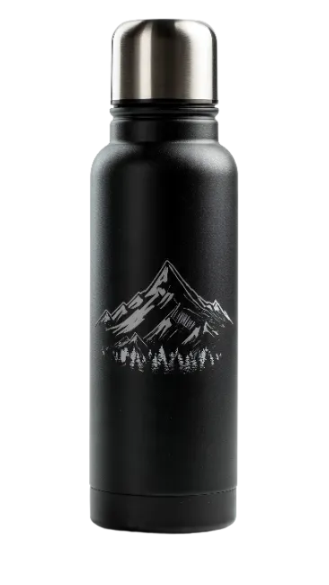 Black Insulated Water Bottle with Mountain Graphic