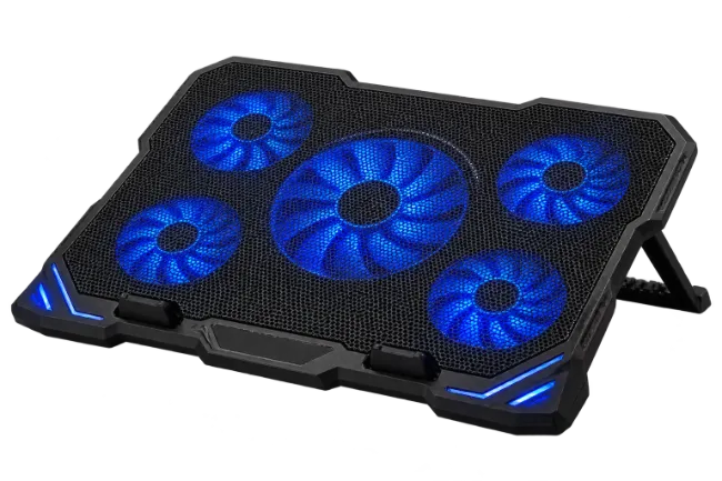 Black laptop cooling pad with bright blue glowing fans