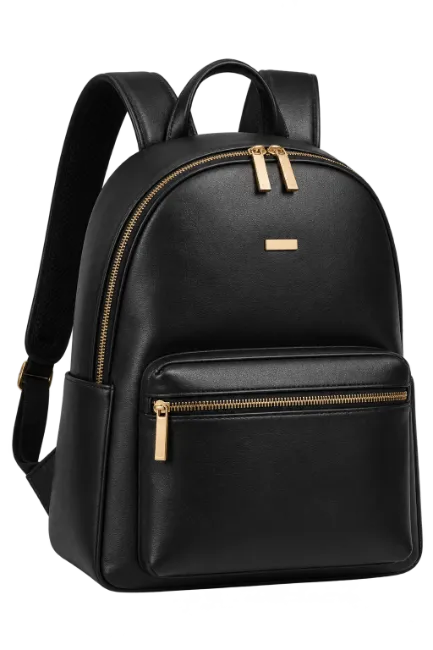 Black Leather Backpack with Gold Zippers