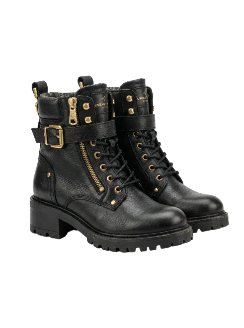 Black Leather Combat Boots with Buckles