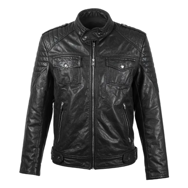 Black Leather Jacket with Front Zipper and Pockets