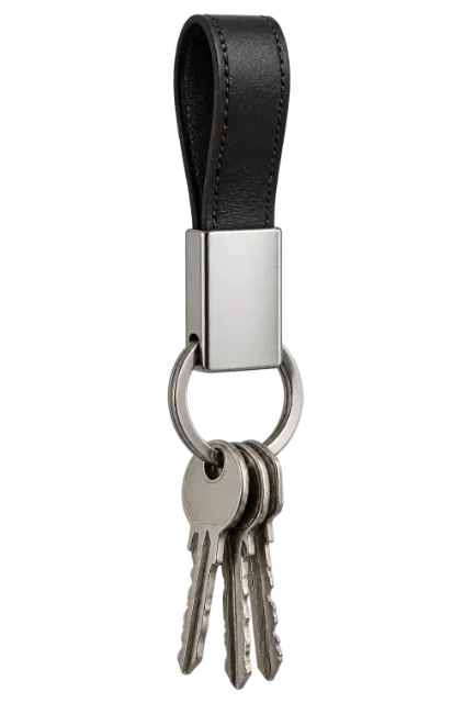 Black leather keychain with metal ring and keys