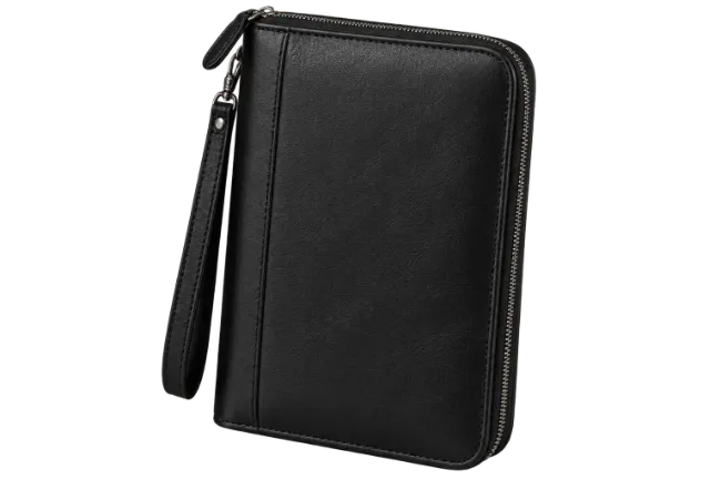 Black Leather Organizer Wallet with Wrist Strap