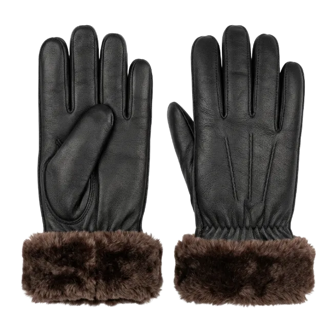 Black Leather Winter Gloves with Fur Cuffs