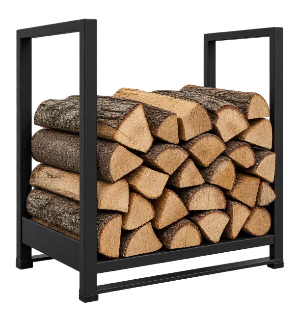 Black Metal Firewood Rack Filled With Split Logs
